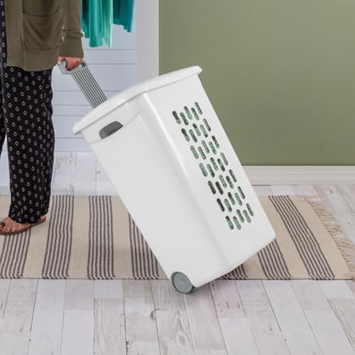 Sterilite 3-Pack Laundry Hamper with Lid and Wheels, Rolling Clothes Basket, Ultra, White