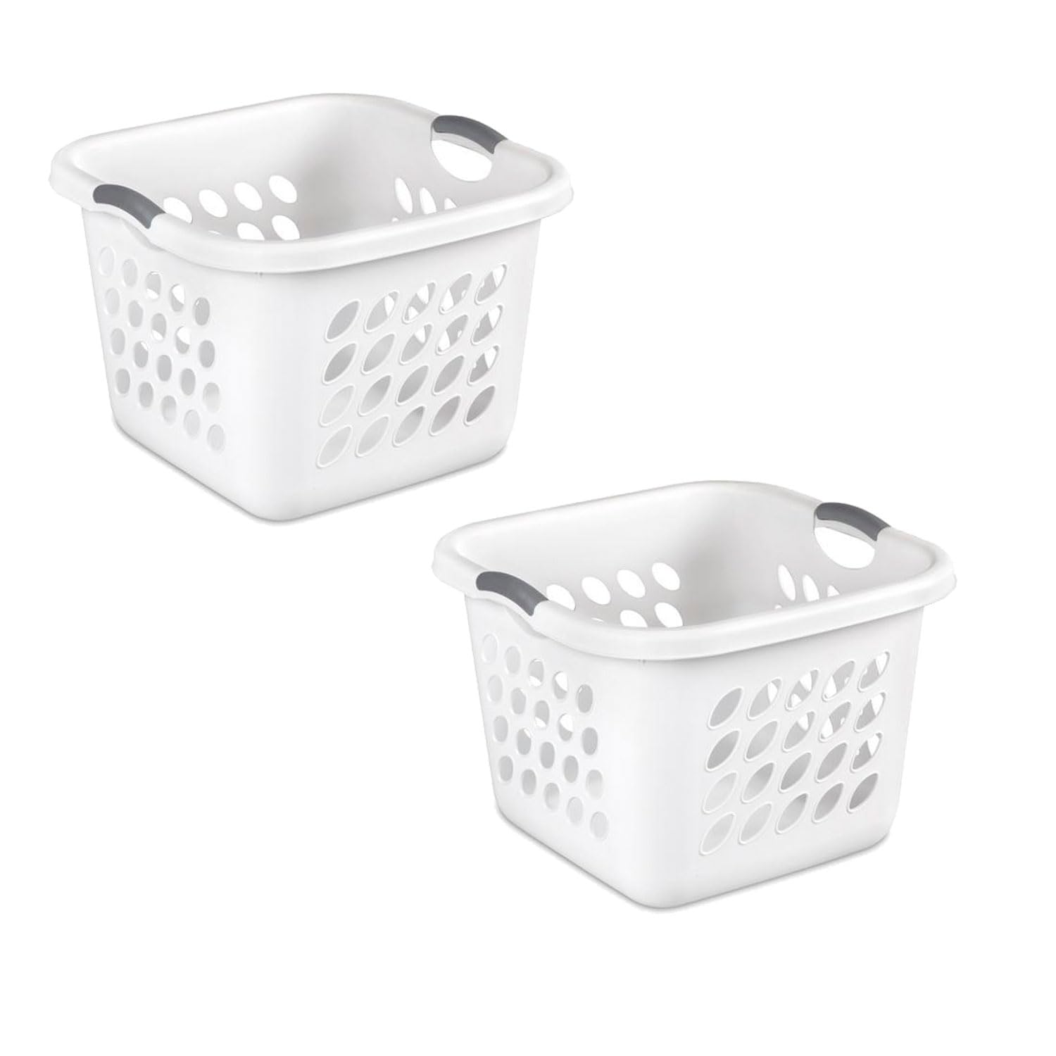 Square Laundry Hamper Clothes Storage Basket with Holes 53L White with Grey Handles Utility Room Garage Closet Made in USA