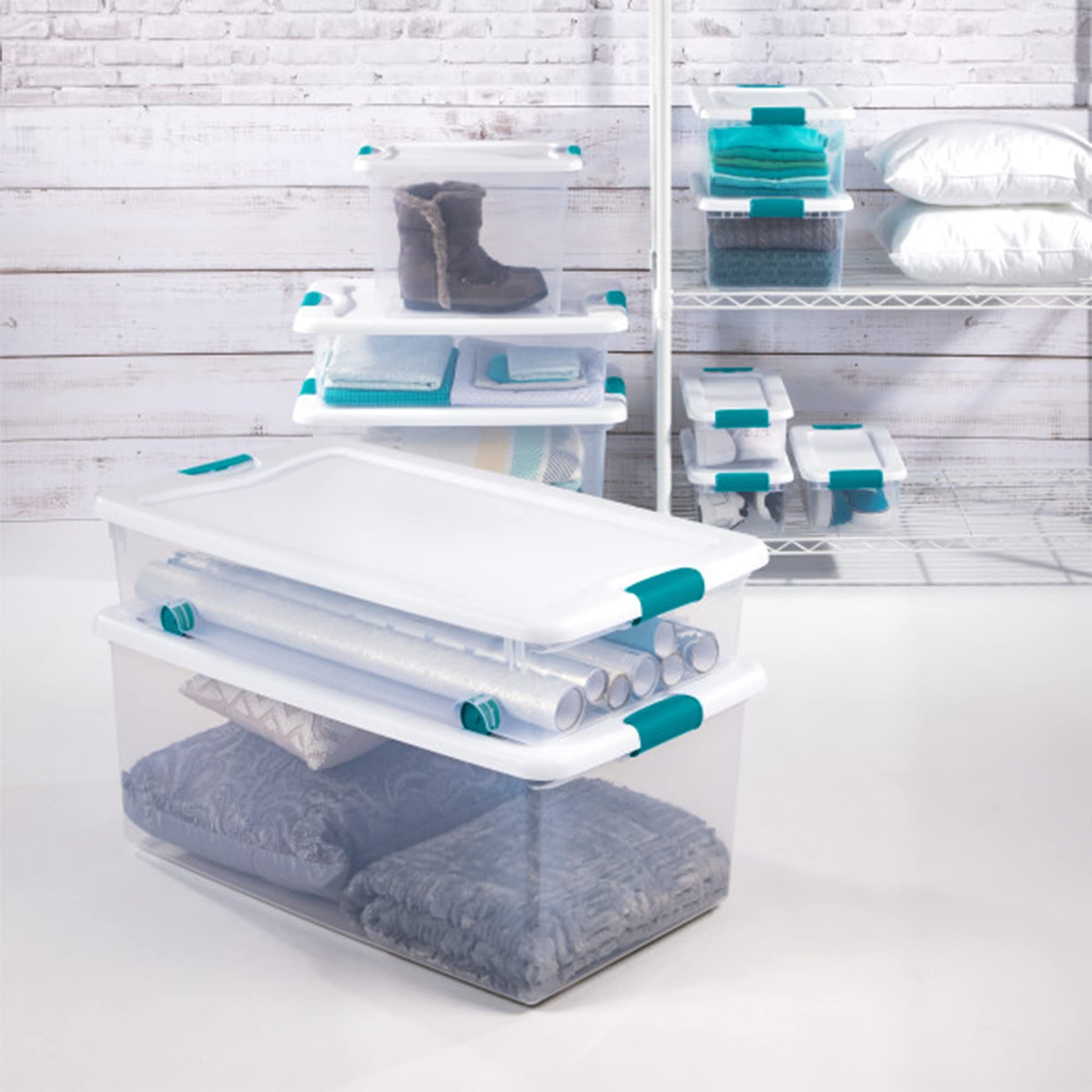 Sterilite 6-Pack Stackable Storage Bin with Lid, Clear Plastic Design, 32 Quart