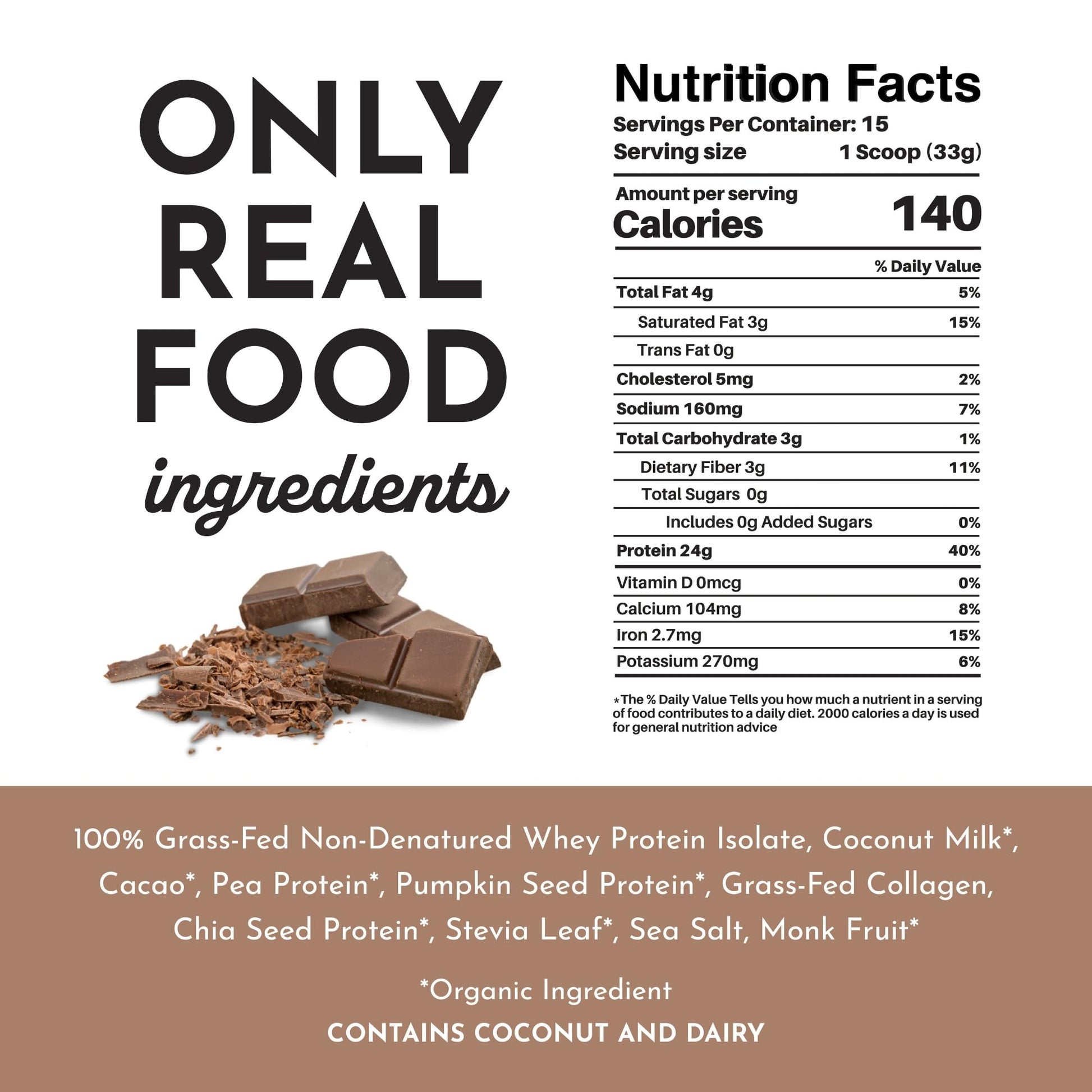 Protein Powder Made with 100% Grass Fed, Non Denatured Whey | Four Different Protein Sources from Organic Whole Food Ingredients | 15 Servings | 22g Protein