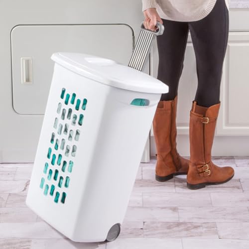 Sterilite 3-Pack Laundry Hamper with Lid and Wheels, Rolling Clothes Basket, Ultra, White