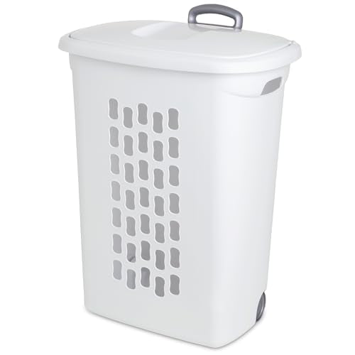 Sterilite 3-Pack Laundry Hamper with Lid and Wheels, Rolling Clothes Basket, Ultra, White