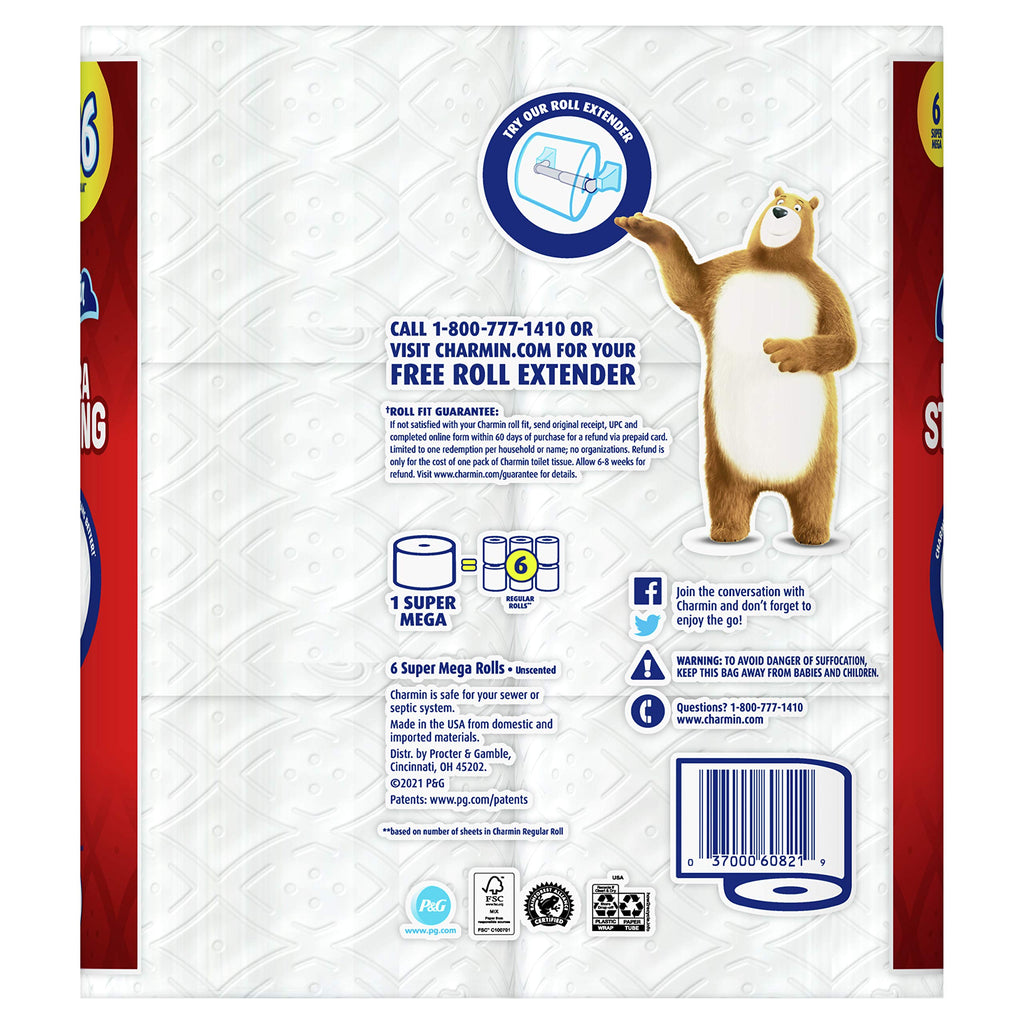 Charmin Ultra Strong Toilet Paper, 6 Super Mega Rolls = 36 Regular Rolls