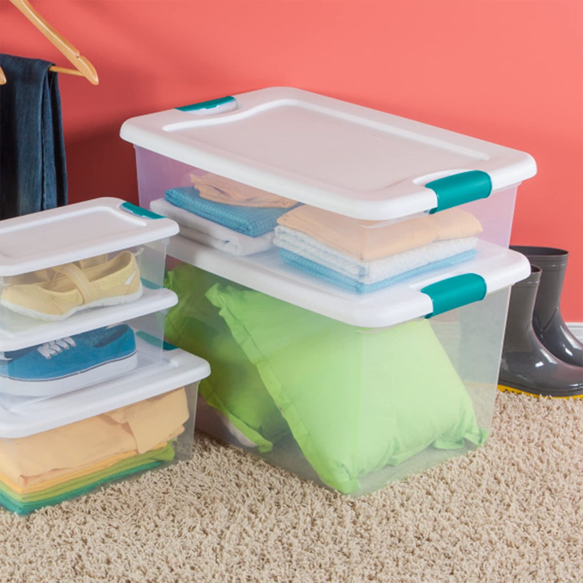 Sterilite 6-Pack Stackable Storage Bin with Lid, Clear Plastic Design, 32 Quart