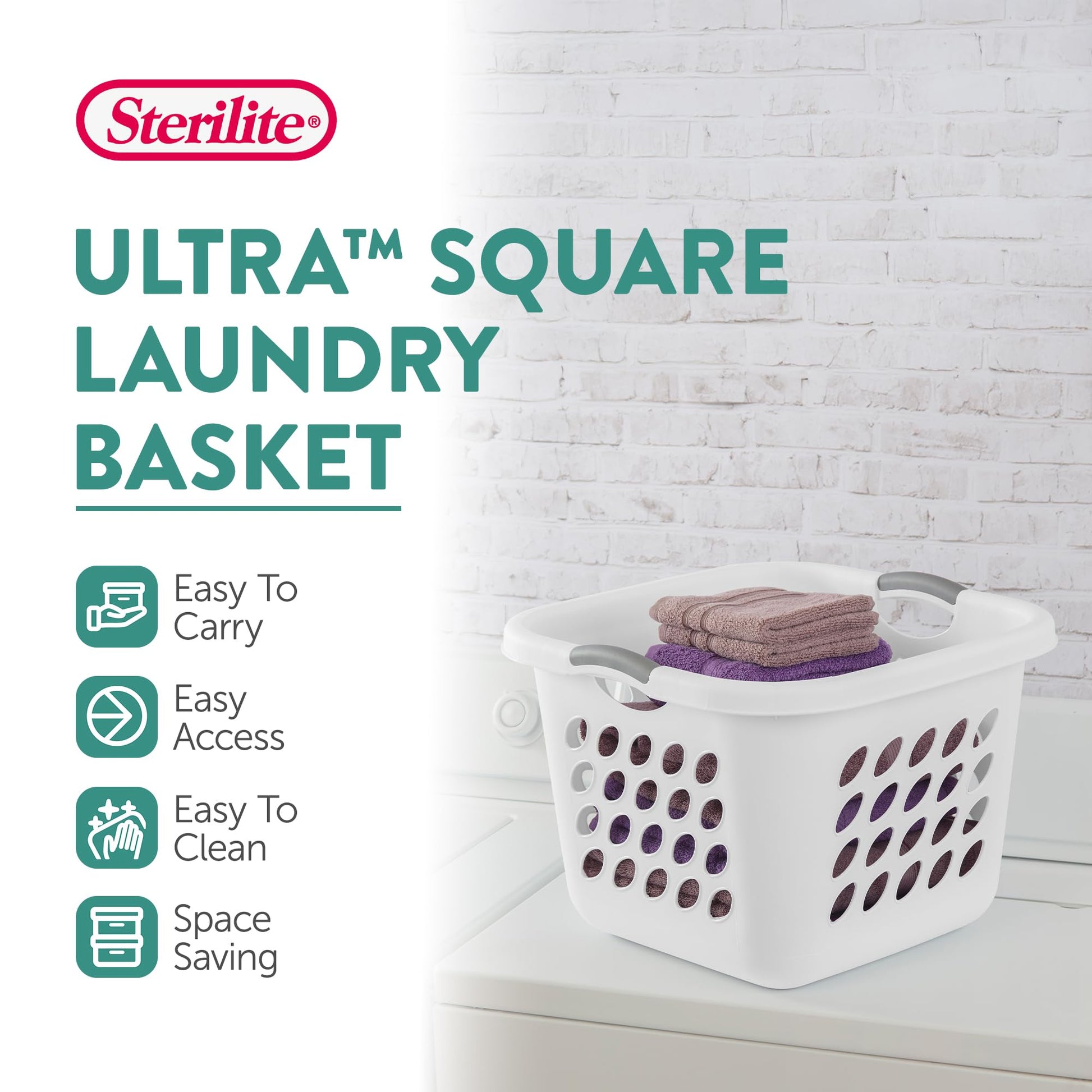 Sterilite 6-Pack Square Laundry Basket, Sturdy Plastic Clothes Hamper, 1.5 Bushel, White