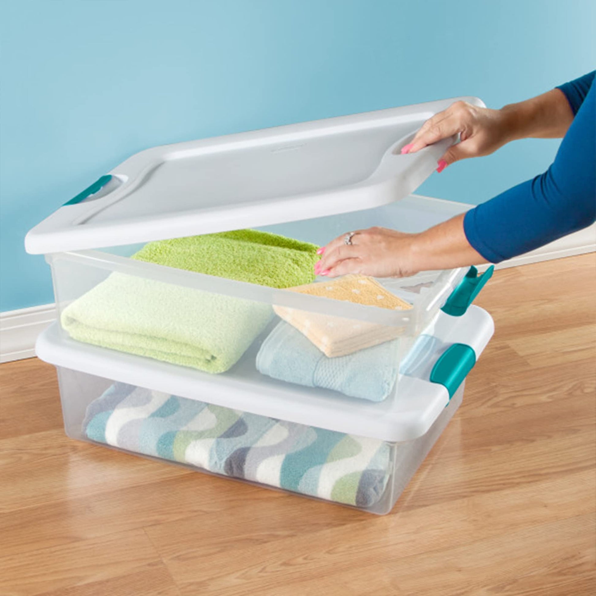 Sterilite 6-Pack Stackable Storage Bin with Lid, Clear Plastic Design, 32 Quart