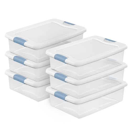 Sterilite 6-Pack Stackable Storage Bin with Lid, Clear Plastic Design, 32 Quart