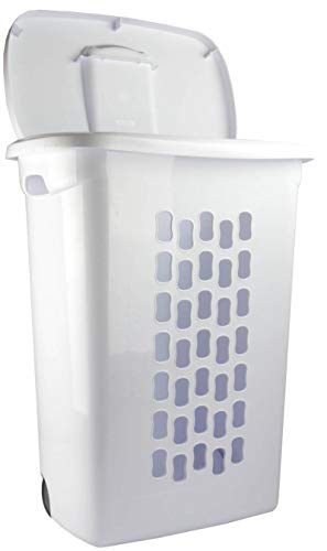 Sterilite 3-Pack Laundry Hamper with Lid and Wheels, Rolling Clothes Basket, Ultra, White