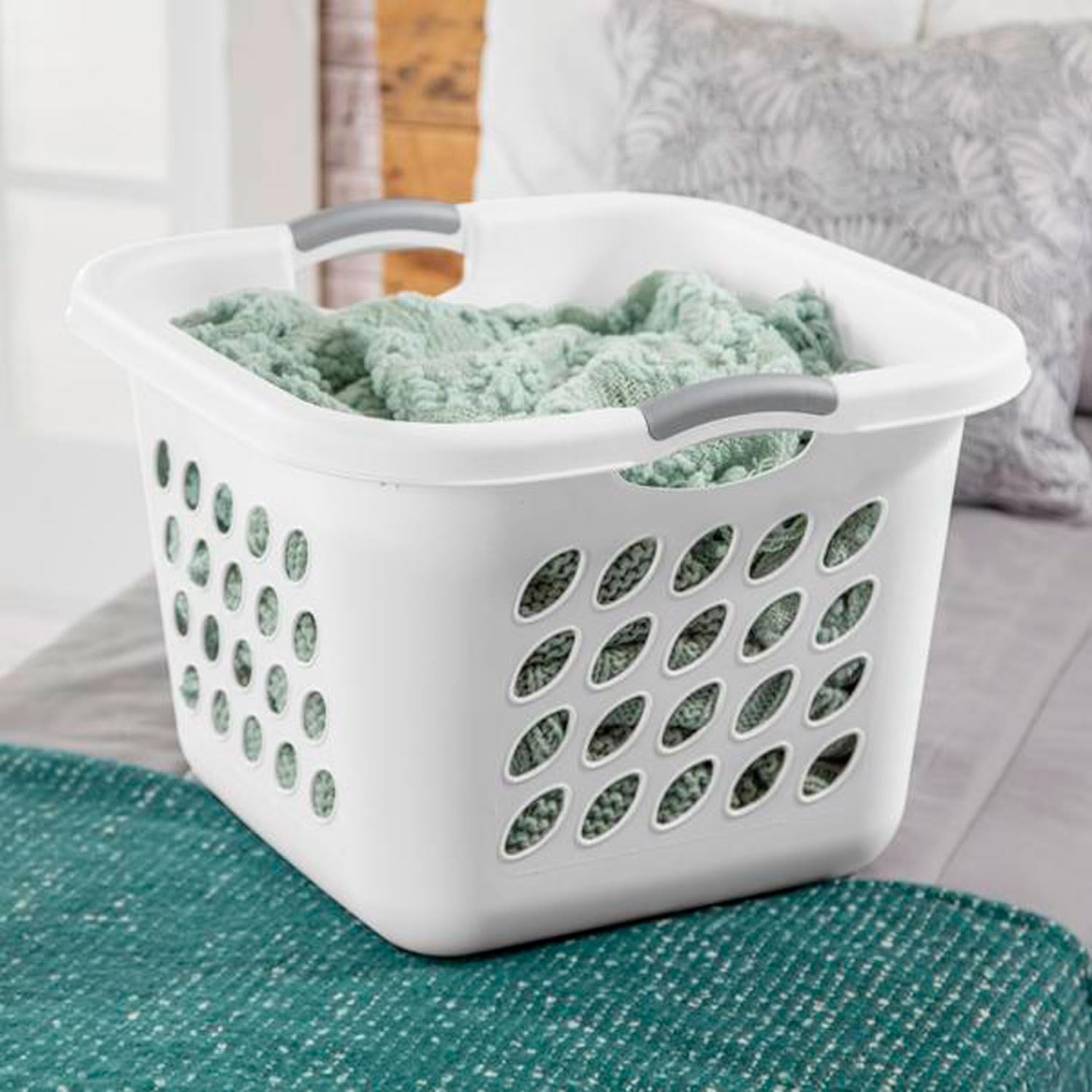 Square Laundry Hamper Clothes Storage Basket with Holes 53L White with Grey Handles Utility Room Garage Closet Made in USA