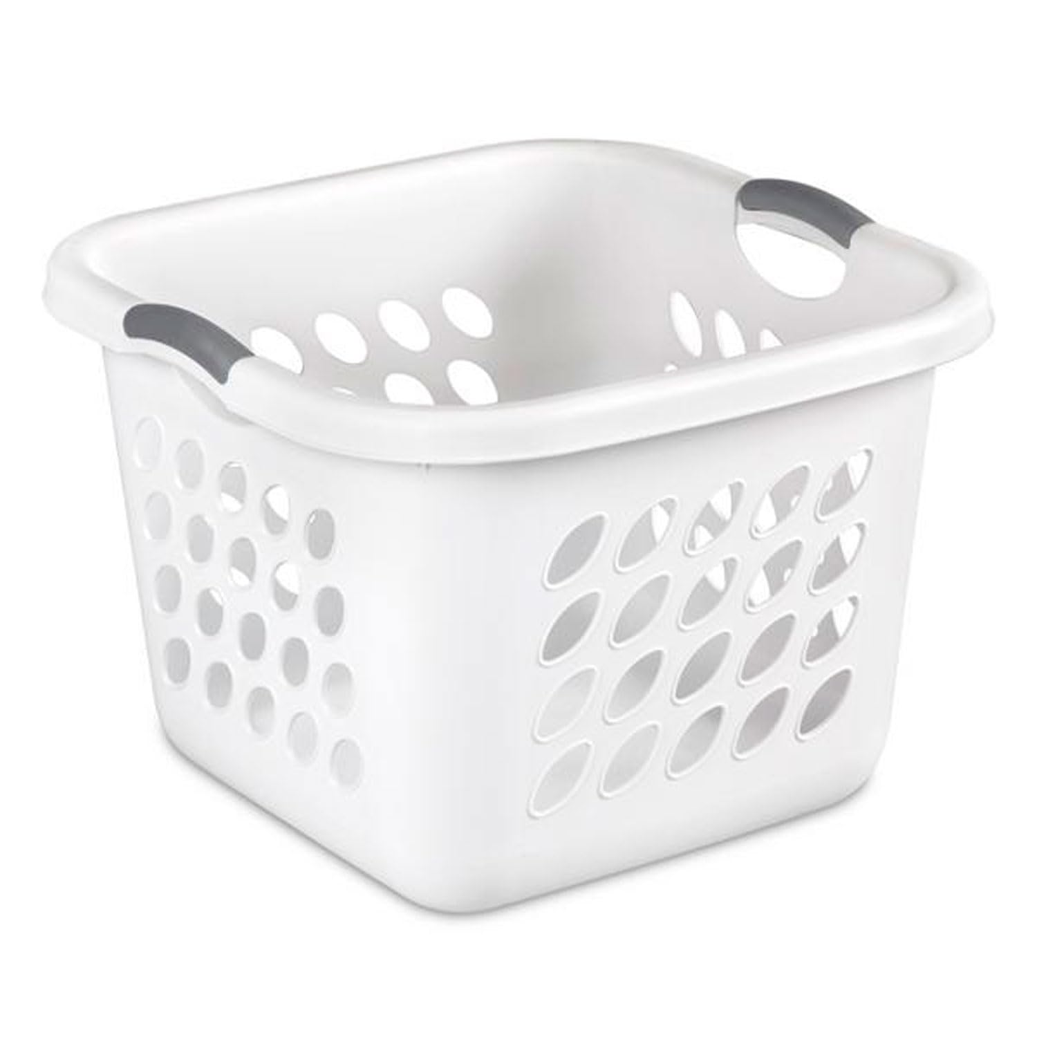 Square Laundry Hamper Clothes Storage Basket with Holes 53L White with Grey Handles Utility Room Garage Closet Made in USA