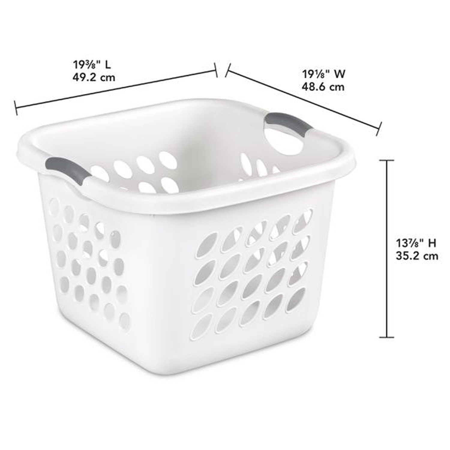 Square Laundry Hamper Clothes Storage Basket with Holes 53L White with Grey Handles Utility Room Garage Closet Made in USA